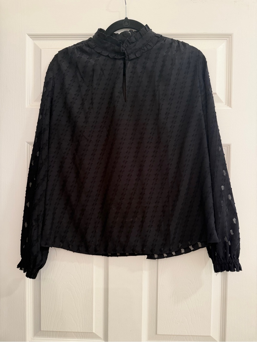 Ann Taylor Black Sheer Swiss Dot Ruffle Neck Blouse